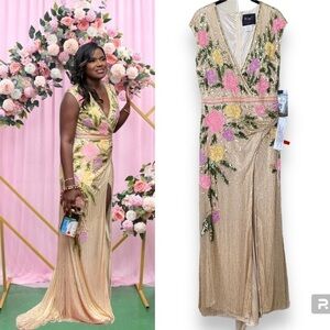 Mac Duggal Floral Beaded Sequin Embellished Front Slit‎ Gown Dress 5420